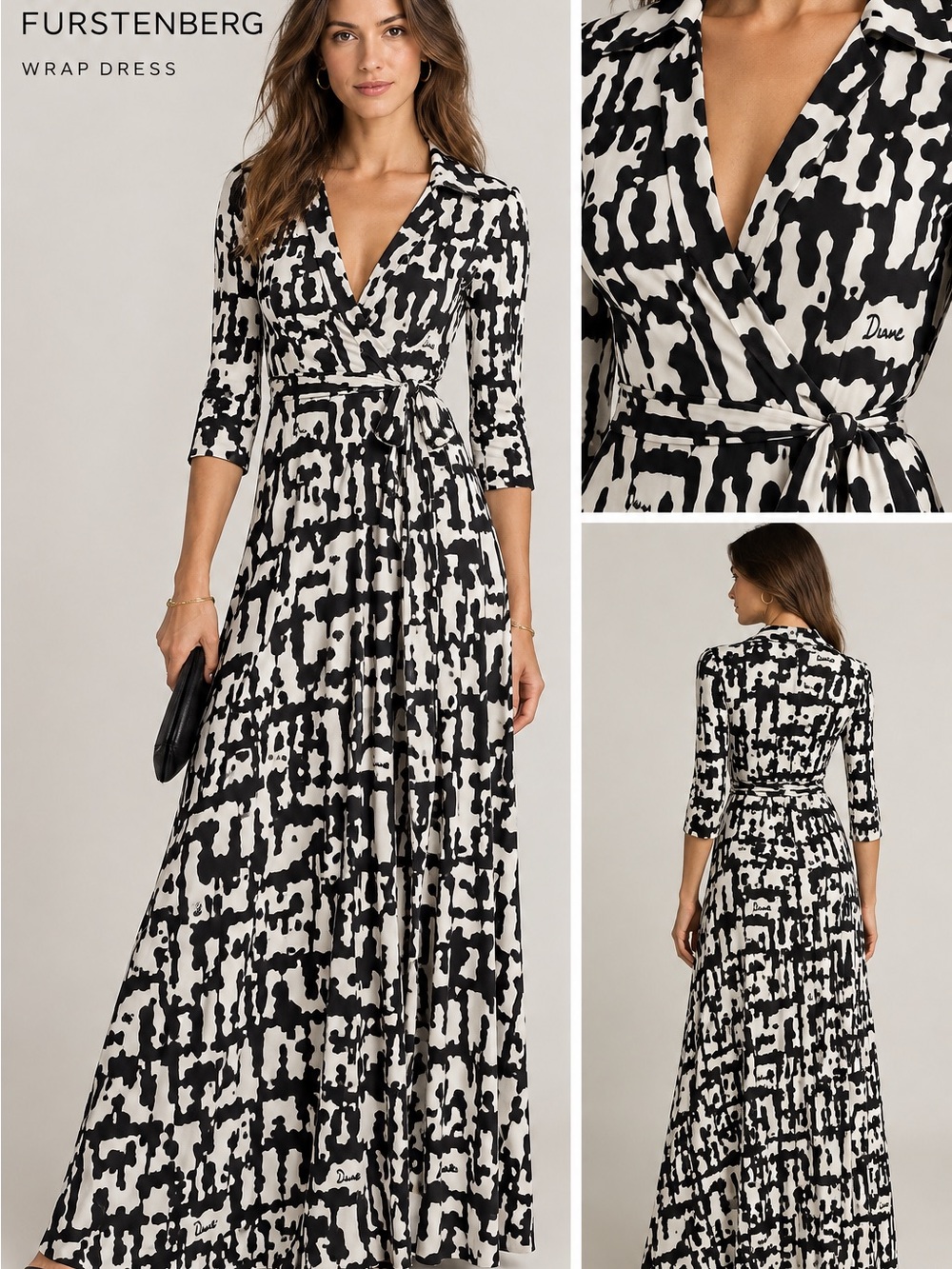 Diane Von Furstenberg Black & White Abstract Print Wrap Maxi Dress